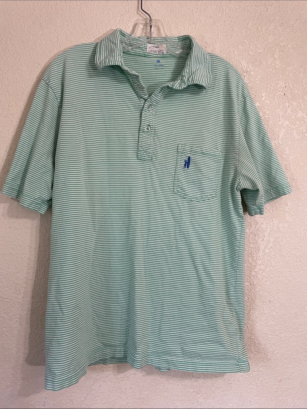 johnnie-O Mint & White Thin-Striped Polo with Pocket Size L